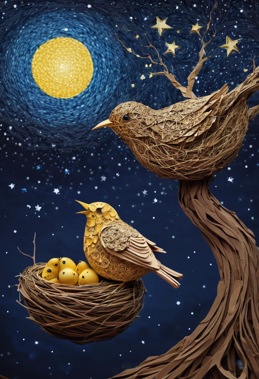 a newborn bird, the bird is abnormally fat and the nest is located in a bonsai, the nest breaks due to the weight of the chick and the chick falls, in a pot, surreal, funny, comic, starry sky, zentangle, origami, cinematic, emotional, epic, vincent van gogh,....by my self...lol