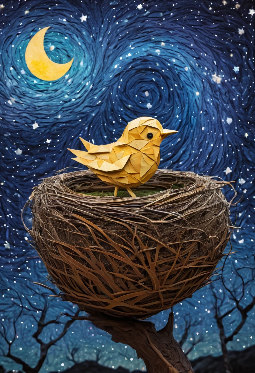 a newborn bird, the bird is abnormally fat and the nest is located in a bonsai, the nest breaks due to the weight of the chick and the chick falls, in a pot, surreal, funny, comic, starry sky, zentangle, origami, cinematic, emotional, epic, vincent van gogh,....by my self...lol