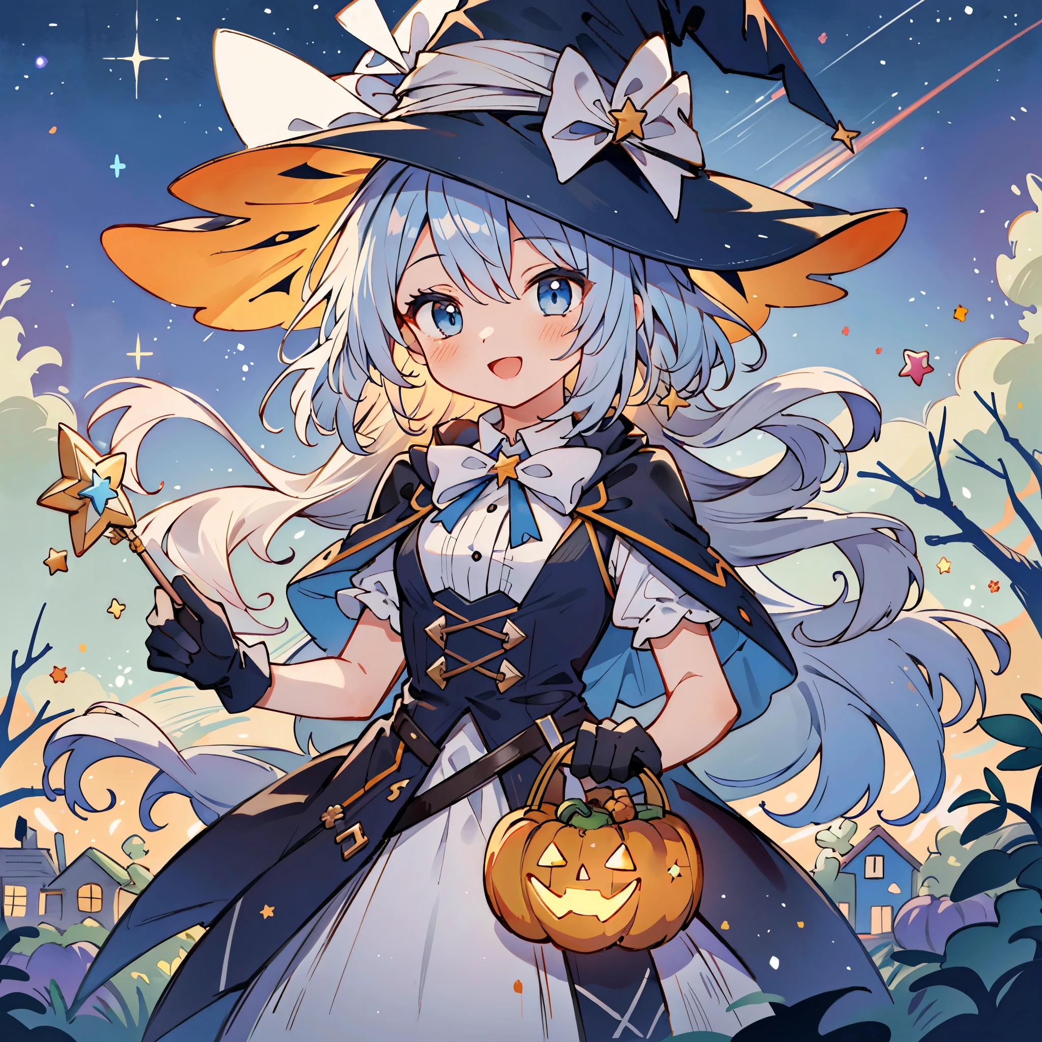 ((masterpiece:1.2, best quality)), 1girl, solo, (witch hat), a close up of a girl with curly hair, dress, aurora, night, star (sky), gloves, sky, dress, night sky, open mouth, starry sky, light blue eyes, ribbons, smile, cape, colorful hair, magic, casting spell, night, (impressionism:1.4), alphonse mucha, Halloween colors, colorful candy, magical lights, pumpkins, candies