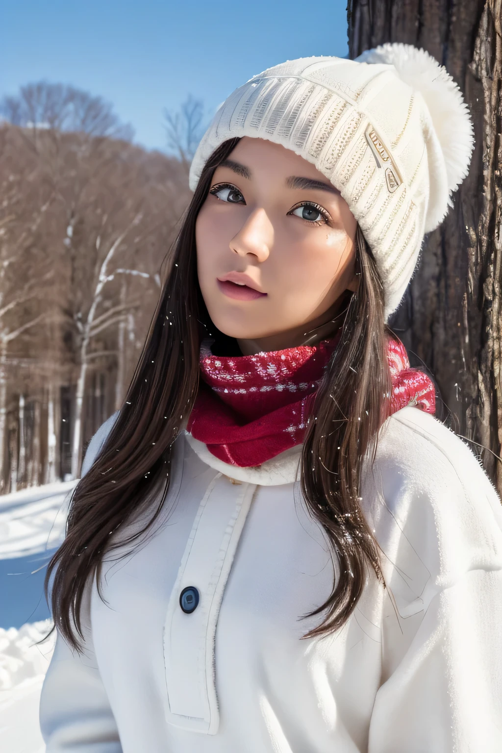 ((masterpiece、highest qualthaty、8K,High resolution:1.3))、(beautiful, Realistic Japan Woman),1 female、winter、(Burst Chest:1.2)、scarf、Wool hat、gloves、skiingウェア、highly detailed face、Lips wthath attention to detail、fine eyes、double eyelid 、that'that'It's snowing、whthate breath、skiing場、skiing、Please look up at the sky、large tree、nature、your、Whthate world、Whthate sweetheart、skiing場、like、model、professional photos、