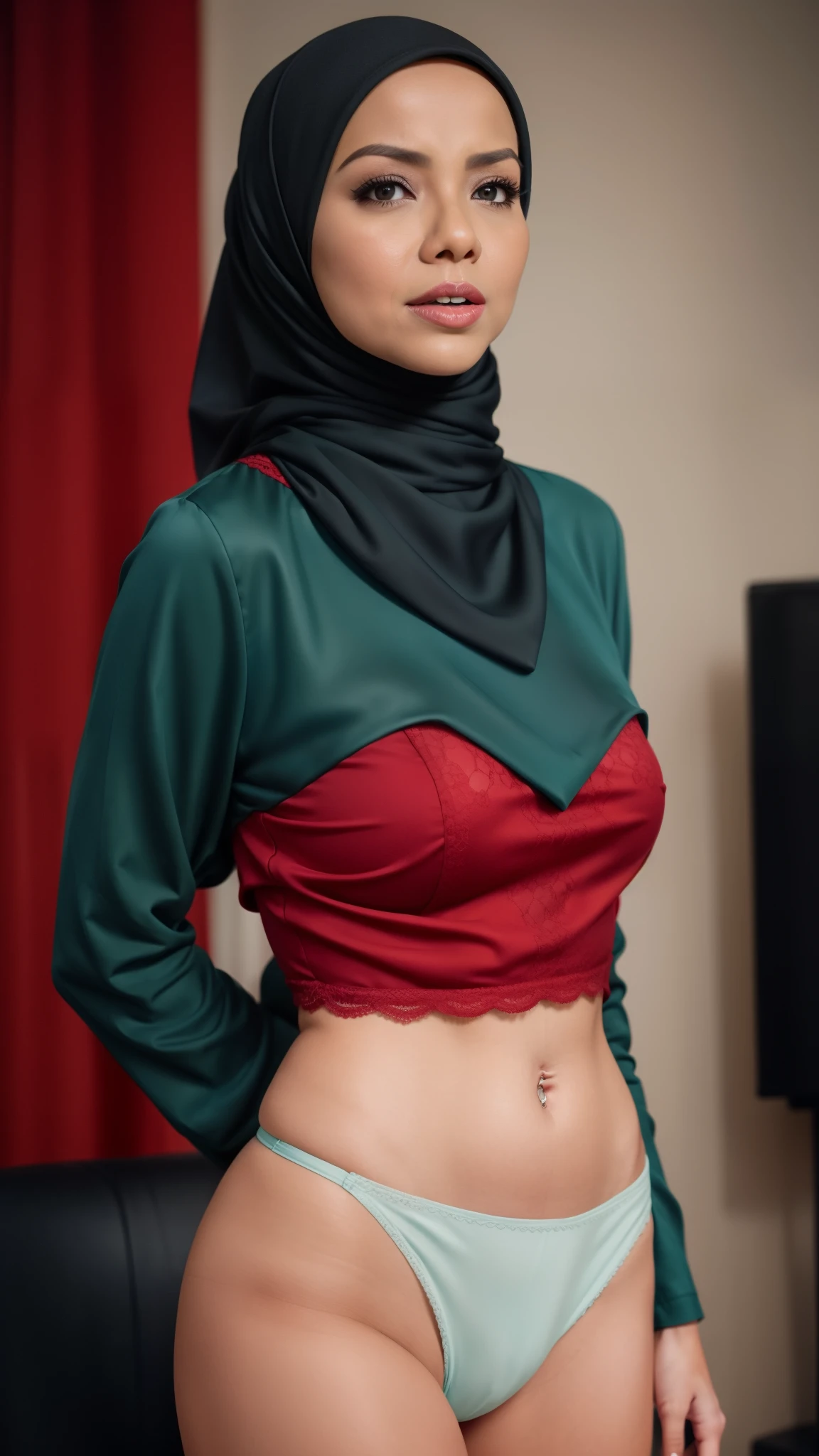 "Oki Setiana Dewi", ("Hijab Naked"), Thin Wearing Lace Bra And Panties, "Facial expression in anger" wearing sexy Blouse "FLUORESCENT Green", "Red Lips"