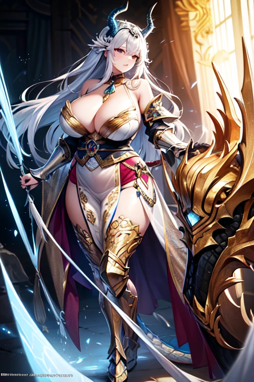 A woman with dragon horns is covered in dragon scale armor, dragon horn is extremely luxurious, dragon tail, beautiful dragon scale armor, armor openwork, complex armor, beautiful armor, fantasy armor, intricate details armor, long and elegant tail behind, stunning details, imperial armor, ethereal, goddess, Japanese goddess, full body photo close-up, (transparent areola), chubby, huge breasts, oily body, fleshy body, plump body, perfect masterpiece, highest image quality, perfect picture quality, 8K, full body lens, ( Front portrait: 1.1), delicate face, glowing eyes, very fine style, perfect masterpiece, highest image quality, perfect picture quality, 8K,