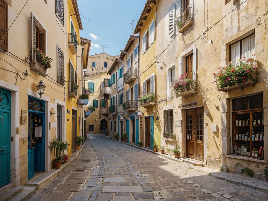 An old town in southern Italy with a warm and vibrant atmosphere on a sunny summer day. The streets are filled with colorful buildings, each with its unique character and charm. The narrow cobblestone streets wind through the town, creating a sense of mystery and exploration. The warm sunlight casts beautiful shadows on the walls, creating a picturesque scene. People can be seen strolling leisurely, enjoying their vacation and immersing themselves in the local culture. The scent of freshly brewed coffee fills the air, inviting passersby to take a break and indulge in the delightful Italian coffee culture. Vibrant flowers adorn balconies and windowsills, adding bursts of color to the scene. The sound of laughter and lively conversations echo through the streets, creating a joyful and lively atmosphere. The town is surrounded by breathtaking natural landscapes, with lush green hills and azure blue waters in the distance. The combination of the old town's rustic charm and the stunning natural beauty makes it a perfect destination for a memorable vacation. The overall image is of a vibrant, sunny, and idyllic vacation spot in southern Italy, where travelers can immerse themselves in the rich history, warm weather, and joyful atmosphere.