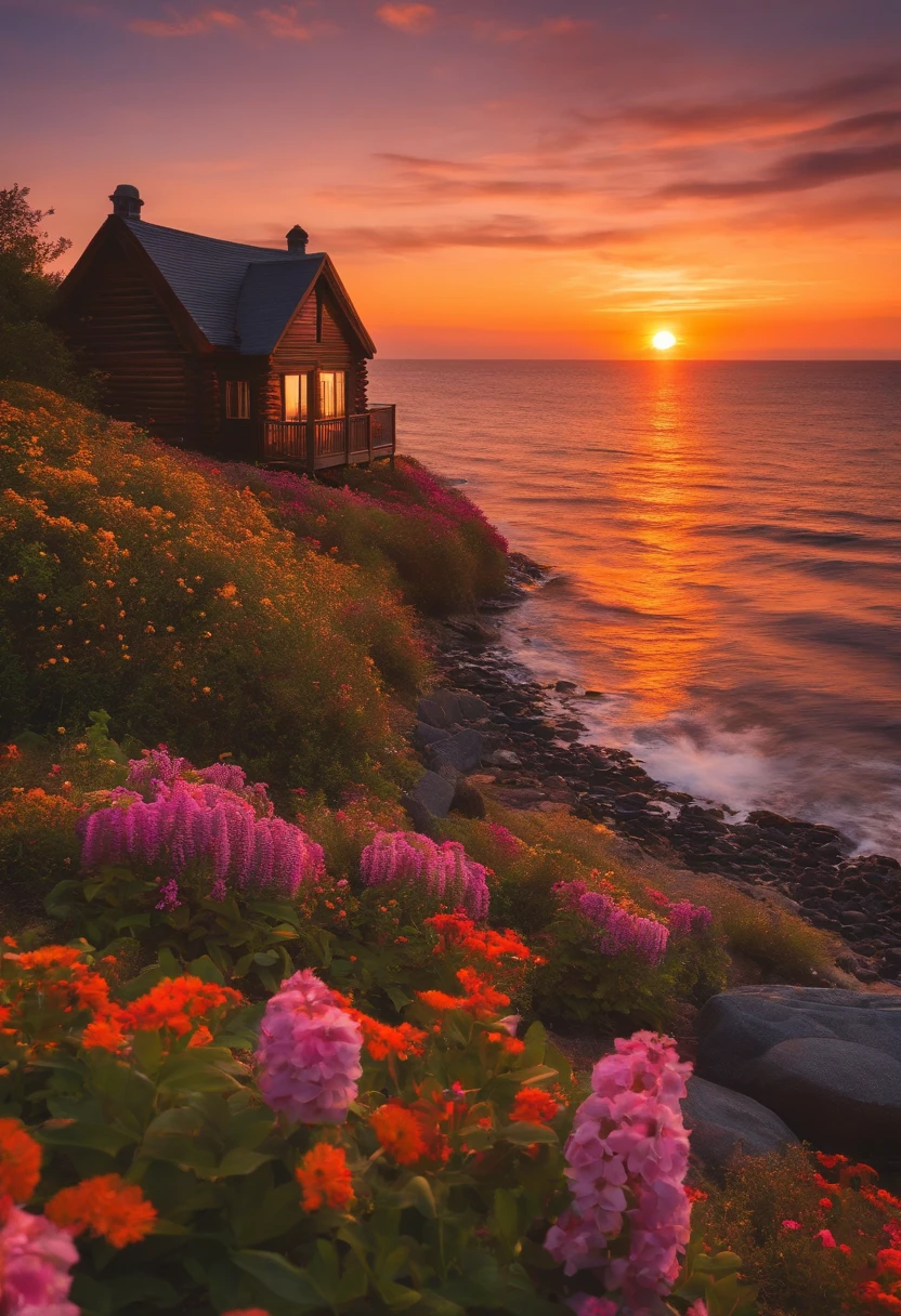 many flowers,ocean,Shore,log cabin,sunset