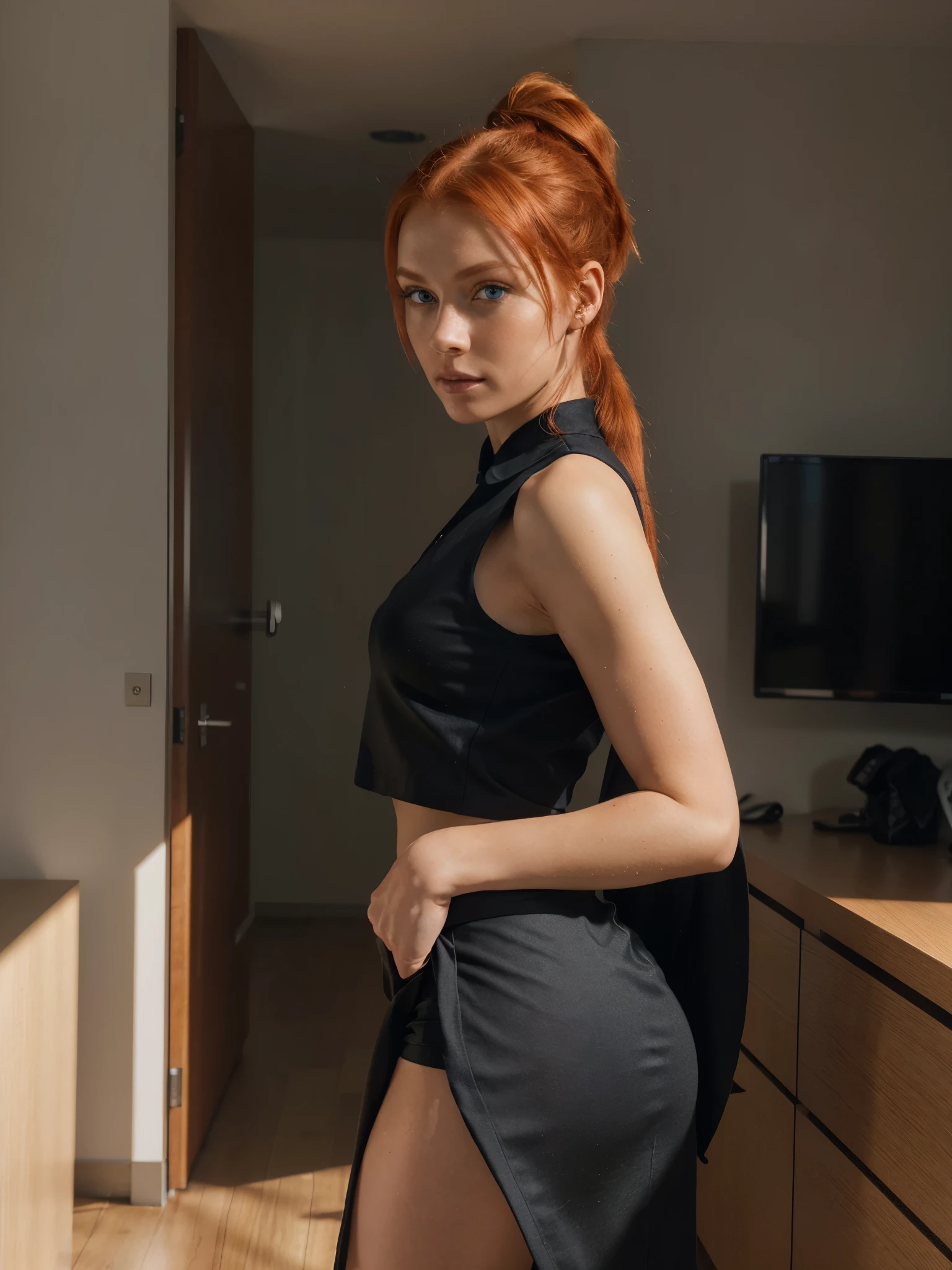 8k, RAW photo, best quality, ultra high resolution, photorealistic, realistic photo of skinny redhead girl model, (european redhead, red hair, blue eyes, (ponytail hair)), in the lawyer office, office, modern interior, full body portrait, photo from the side, wearing formal outfit, (black business suite), business lady, black skirt, looking at viewer, smirking, (extremely detailed CG unity 8k wallpaper), Sharp focus, dramatic, (bright light)