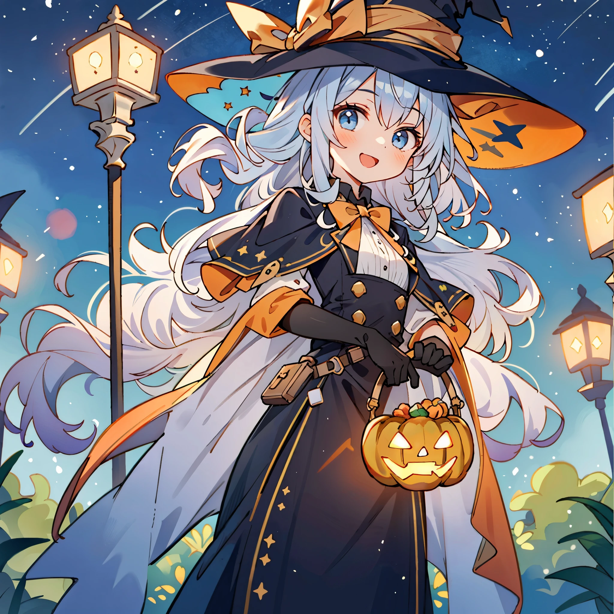 ((masterpiece:1.2, best quality)), 1girl, solo, (witch hat), a close up of a girl with curly hair, dress, aurora, night, star (sky), gloves, sky, dress, night sky, open mouth, starry sky, light blue eyes, ribbons, smile, cape, colorful hair, magic, casting spell, night, (impressionism:1.4), alphonse mucha, Halloween colors, colorful candy, magical lights, pumpkins, candies