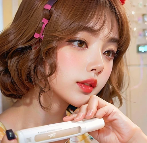 there is a woman with a hair band holding a wii controller, popular korean makeup, popular south korean makeup, curly bangs, coral brown hair, with short hair, hair coloring, brown hair with bangs, curly bangs and ponytail, kawaii hair style, kawaii hairstyle, neat hair with bangs, wavy hair yellow theme, smooth color, ulzzang, with short hair with bans