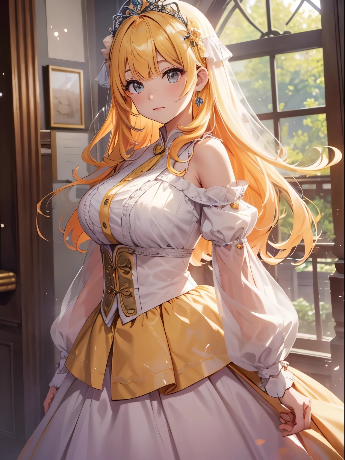 mesa, high resolution, 8k, mulher anime, Escrita delicada e detalhada 、detailed digital illustration、cabelo curto、permanente、cabelo brilhante、franja、uma mulher muito bonita、The eyes are double, grande, The bust is D cup、alta qualidade de imagem, alta qualidade、fundo detalhado、((Fundo da escola noturna))、O interior do olho brilha como um diamante、cabelo amarelo claro、Aluno gradiente、(((2 arms、4 dedos, 1 polegar)))、Rosto feminino detalhado、Mulher muito linda e fofa、、Detailed history、obra-prima、foco suave , Aquarela gradiente brilhante , reflexo de lente , (((brilho))) , Brilho , sonhadores , yellow ribbon、((Very cute yellow pink hair accessories))、((Straight at the front angle))、(Uniformes escolares:1.2)、Rindo de boca aberta