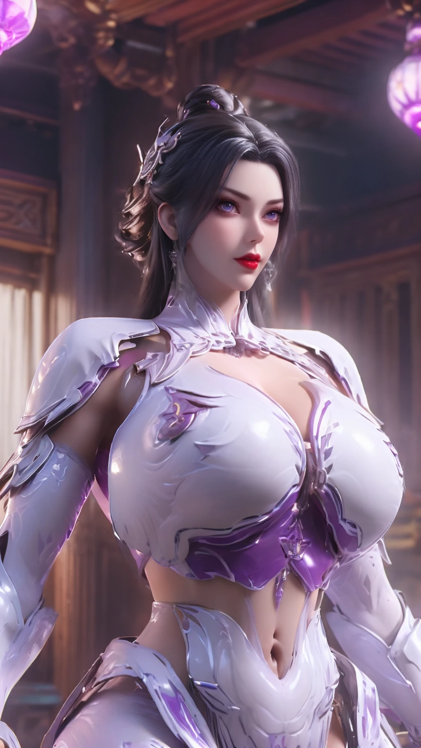 PORTRAIT,UPPER BODY,SOLO,(BEAUTY BLACK HAIR), (NSFW,HUGE FAKE OPPAI,BUSTY,CLEAVAGE TOP,MUSCLE ABS:1.5), ((WEARING OUTFIT (PURPLE,MAGENTA,WHITE:1) SHINY MODERN MECHA CROP TOP:1.5)),(CURVY VOLUPTUOUS BODY MATURE WOMAN:1.5), (SWEATY GLOSSY BODYSKIN:1.5), (LOOKING AT VIEWER:1.5),(BACKGROUND FUTURISTIC SPACE STATION:1), (PHOTOREALSITIC:1.4), (ULTRA-DETAILLIERT), (TOP-QUALITY), (BEST SHADOWS), BRIGHT LIGHT IN ROOM, HYPER TEXTURE, (4X MSAA), ((UNREAL ENGINE 5 RENDER)), PHYSICALLY-BASED RENDERING, ULTRA HIGHT DEFINITION, 16K, 1080P.