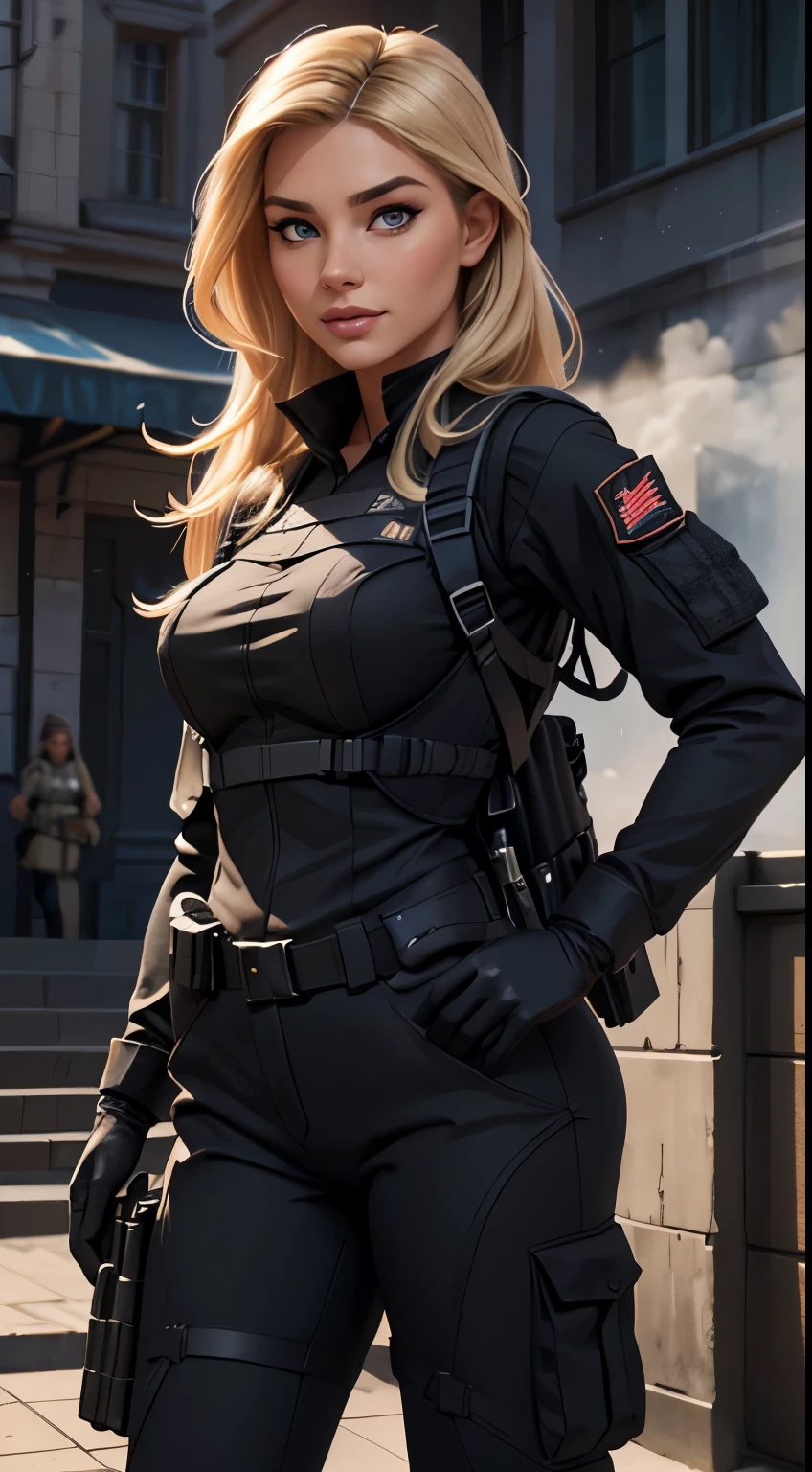 Foto hiperrealista en primer plano de Emily Sears, masterpiece, best quality, (photorealistic:1.4), beautiful woman, skinny, long blond hair, detailed face, smile, facing the camera, photo taken from a distance, age of 20 years old, Special forces uniforms、Black tactical vest、black black Military trousers、Black combat gloves、rucksack、Black black military undershirt、Detailed facial and chest depictions、detailed hand depiction、Combat pose、Dynamic action、in the city、White smoke、watching at viewers