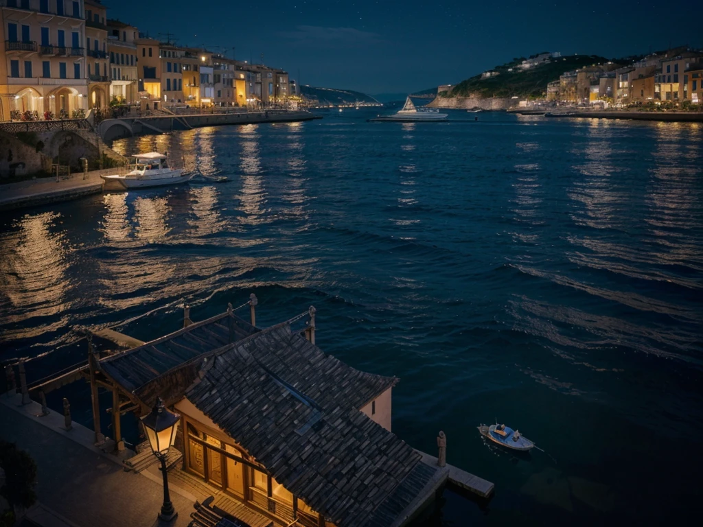 (best quality,4k,8k,highres,masterpiece:1.2),ultra-detailed,(realistic,photorealistic,photo-realistic:1.37),port at night,southern Italy,streets lit with lamps,vacation,travel,night scene,colorful lights,reflection,calm water,mediterranean architecture,beautifully designed buildings,waterfront,boats bobbing on the waves,romantic atmosphere,vivid colors,starlit sky,distant city lights,gentle sea breeze,holiday spirit,serene ambiance,magical scenery,moonlight shining on the water,peaceful and tranquil,peaceful getaway