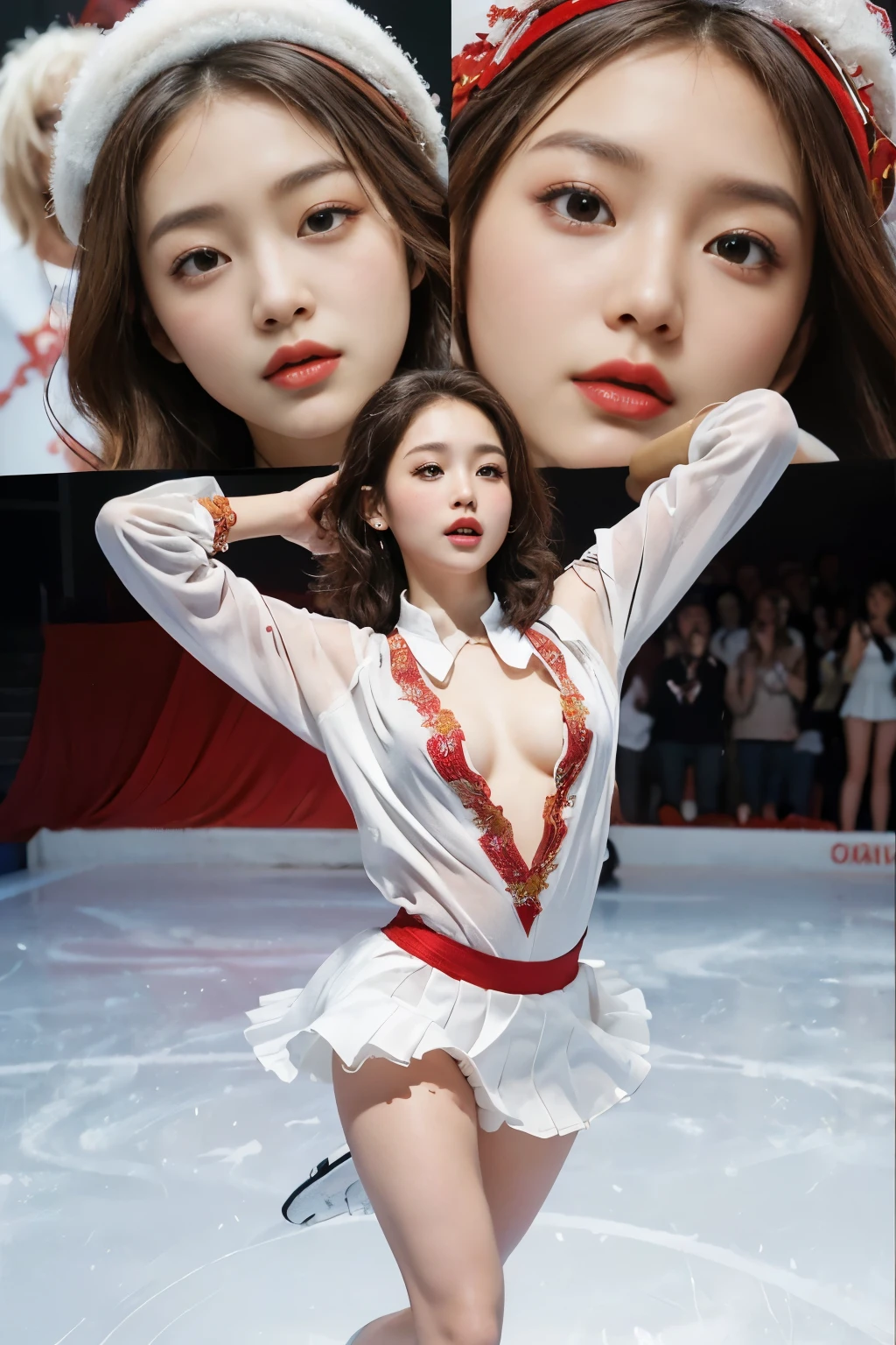 2 female、duo,(Super beautiful)、(beautiful faces:1.6)、(detailed faces:1.5)、(detailed eyes:1.1)、(detailed lips:1.1)、(detailed noses:1.1)、(brown hair)、(Doing figure skating)、(anatomically correct movements:1.3)、(Red costume)、(White panties under the skirt:1.2)、(Clothes:1.5)、(skating rink with spectators)、(At SFW:1.5)