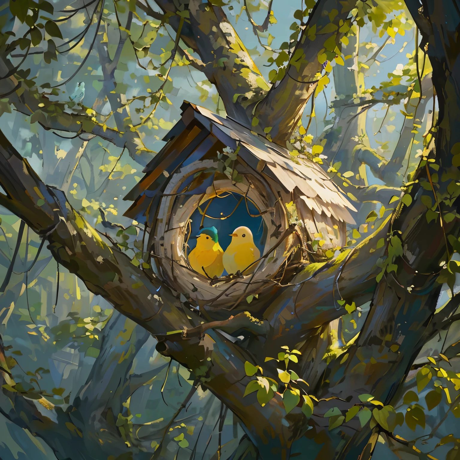 masterpiece, bird's nest, nest, birds, no humans, (masterpiece, highest quality, high resolution: 1.4), detailed, intricate details, 4K, color splash, 