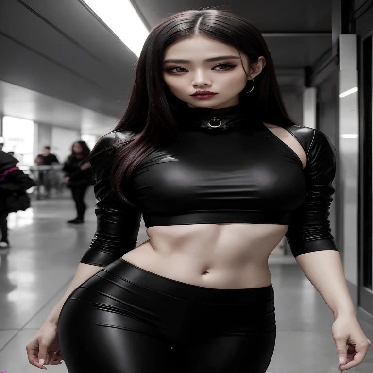 Mujer araffe con un top negro y pantalones de cuero posando para una foto., seductive dark fantasy cyberpunk, vistiendo ropa negra ajustada, tight black clothes, foto de modelo chica delgada, cruel korean gothic girl, muchacha coreana, black latex clothing, traje ajustado, toda la ropa negra cyberpunk, hermosa modelo de mujer cyberpunk, modelo de moda femenina coreana, camisa corta y abdominales fuertes