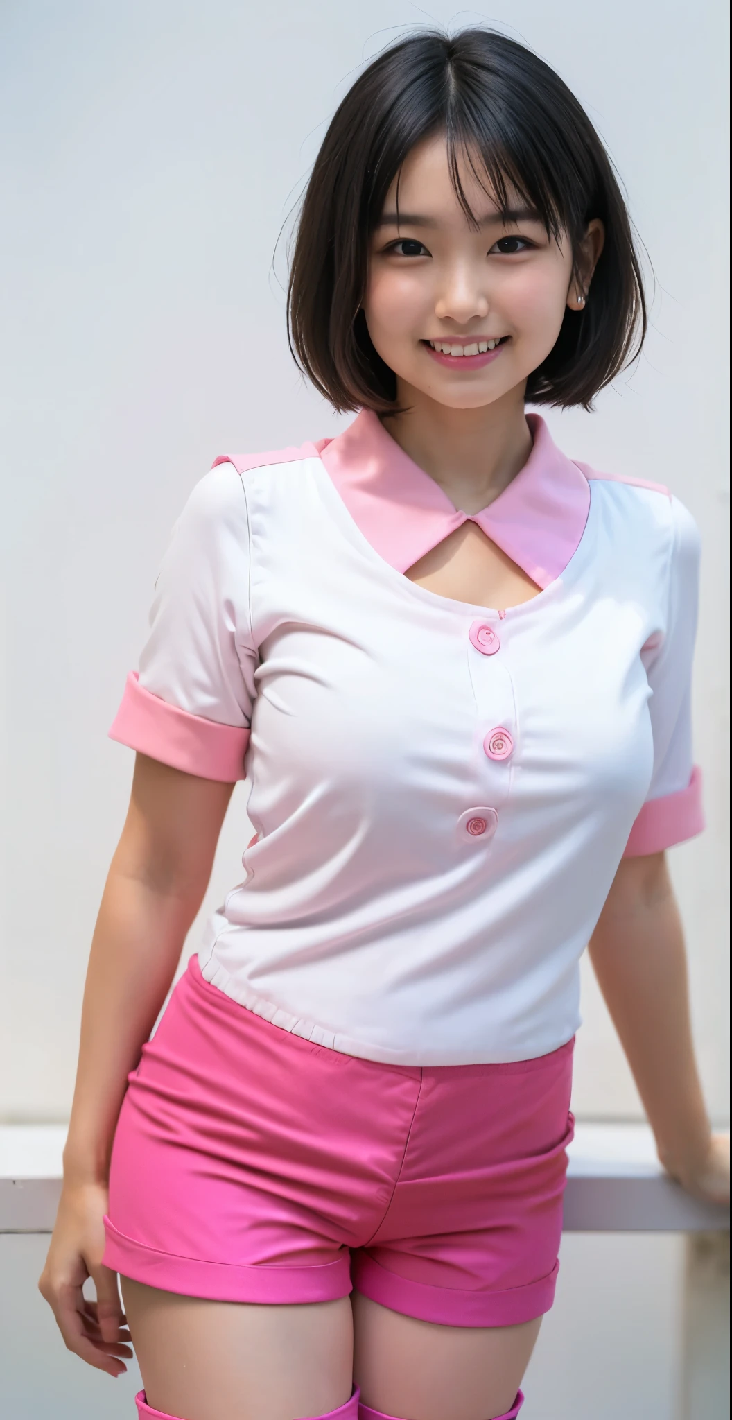 (8K、Raw photography、highest quality、masterpiece:1.2),(black haired、very short hair:1.9),show viewer,Looking at the front,erotic,white skin,(wearing a pink plug suit、Clothes that show the chest:1.6)、(Clothing that emphasizes the shape of your chest、Exposing the skin:1.8)、(big :1.8)、slim body shape、ultra high resolution,beautiful,beautiful fece,(alone, alone、no background:1.9),whole bodyボディー,japanese woman,(Photoreal:1.37)、photon mapping,reality、(Cute with a : 1.2)、(cute smile: 1.7)、(With a round face: 1.8)、radio city、Physically based rendering、depth of field rally background、photograph, (I can see your knees,close up of thighs、too short pink pants:1.6),whole body、super fine