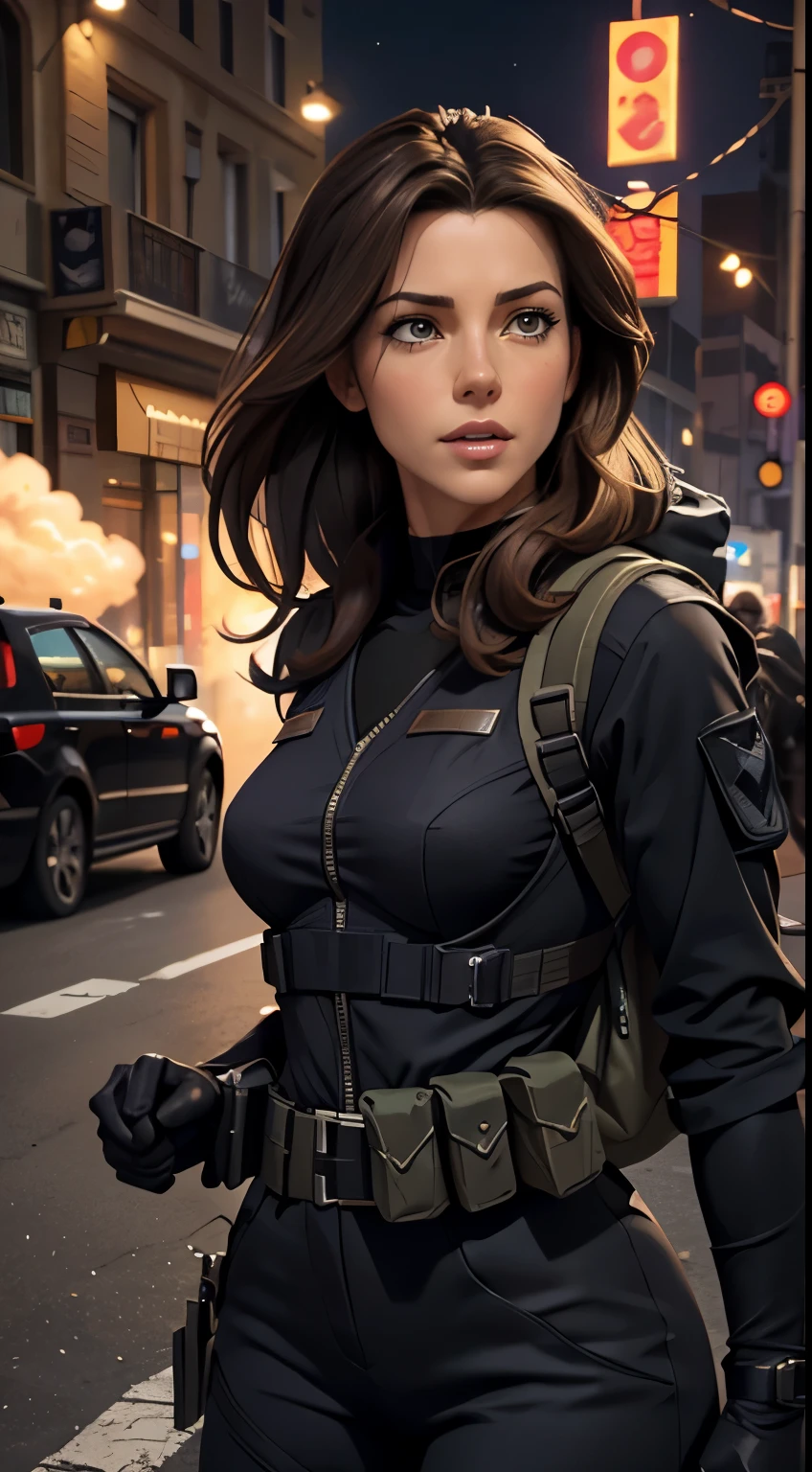 Foto hiperrealista en primer plano de Kate Beckinsale, masterpiece, best quality, (photorealistic:1.4), beautiful woman, skinny, small breasts, straight brown hair, detailed face, smile, photo taken from a distance, age 25 tears old, Special forces uniforms、Black tactical vest、black black Military trousers、Black combat gloves、rucksack、Black black military undershirt, Detailed facial and chest depictions、detailed hand depiction、Combat pose、Dynamic action、on the city street、White smoke、watching at viewers