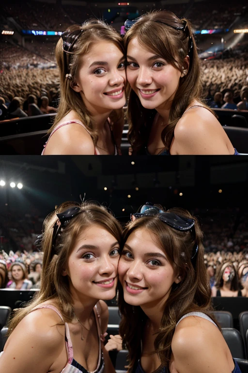 two girls in a concert at the taylor swift concert, streaked hair, hair bow, happy tears, makeup, multiple views, pov, three sided view, 4K, high quality