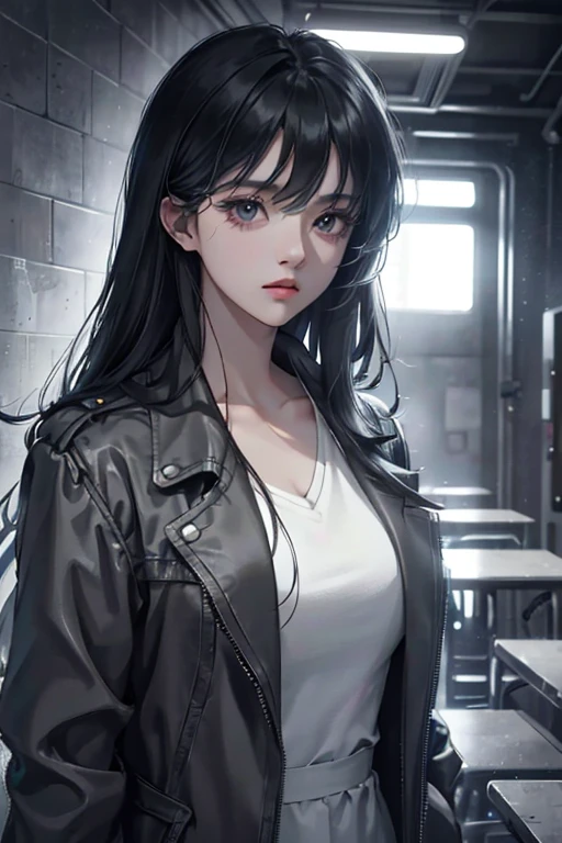 (The finest quality details,Beautiful image,8K,lifelike,dramatic lighting 1:1)(Digital art digital illustrations),Inside the shelter,(cool dim lighting), girl,grey jacket,Bangs,long black hair,Beautiful and delicate face,a chaotic dystopia,future,