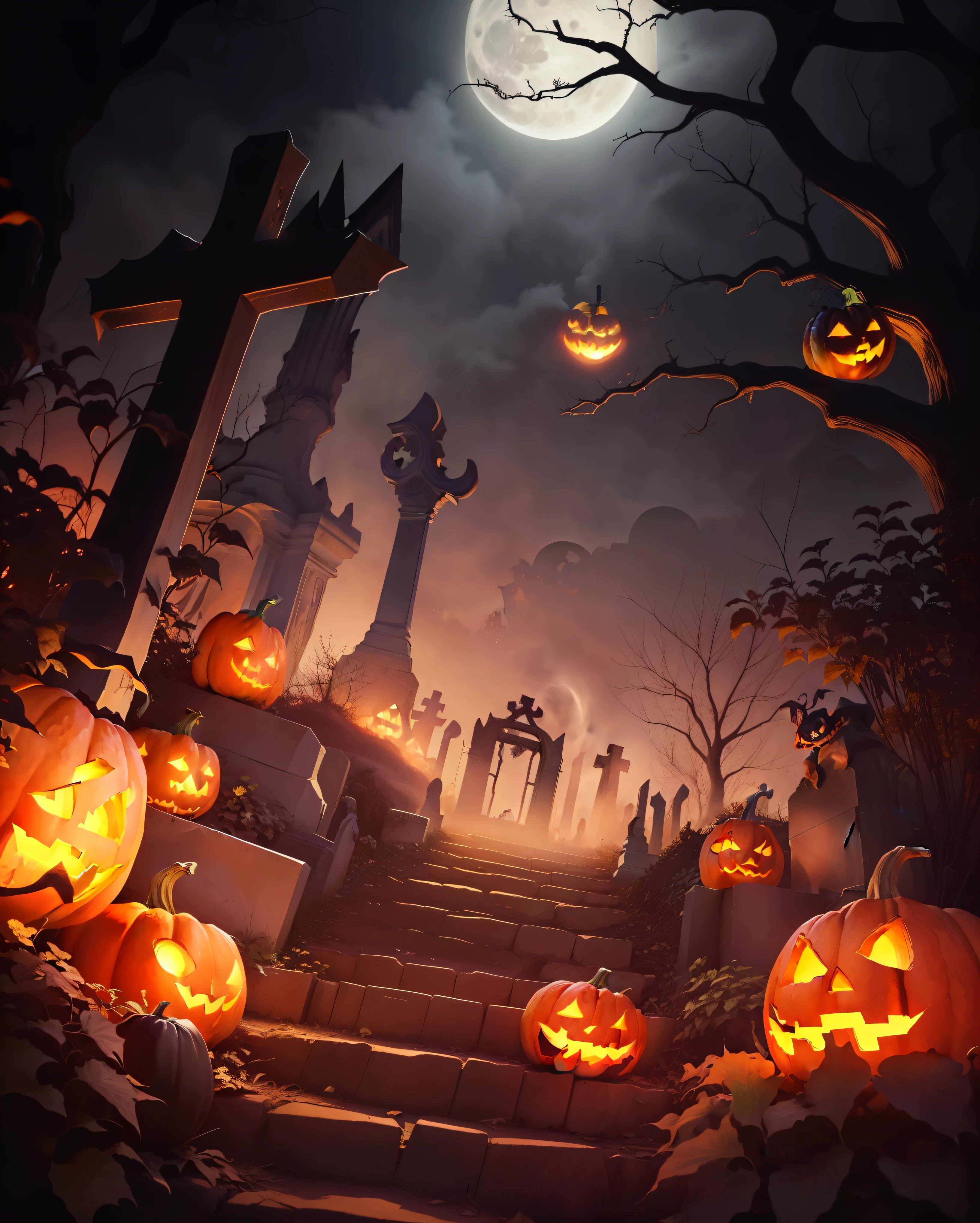 a group of pumpkins are sitting in a cemetery with a full moon, halloween atmosphere, halloween art style, halloween scene, background artwork, background art, halloween theme, spooky halloween theme, spooky halloween night, halloween celebration, halloween night, spooky and scary atmosphere, eerie art style, eerie and grim art style, halloween, scary night, scary magical background, scary atmosphere