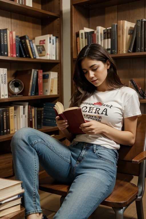 Para una tarde de lectura en la biblioteca, wear comfortable jeans and a graphic t-shirt, showing off your love of literature while diving into the pages of a good book.