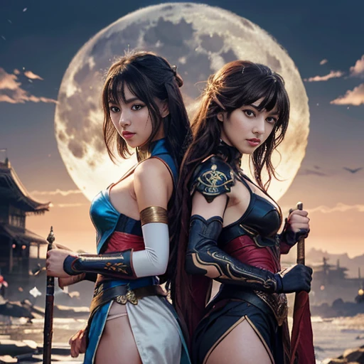 two women in costume stand side by side in front of the full moon, Wlop e Sakimichan, wlop e artgerm, artgerm extremamente detalhado, ruan jia e artgerm, artgerm e wlop, Artgerm e Rossdraws, artgerm e ruan jia, por Yang J