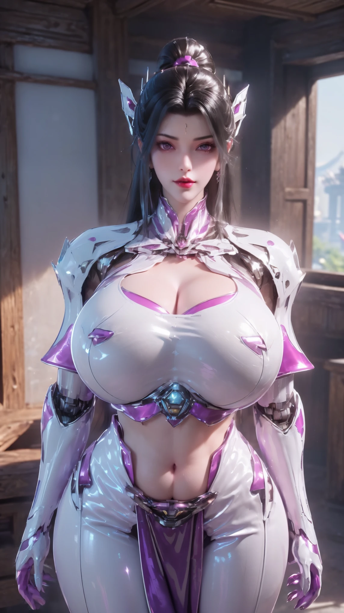 PORTRAIT,UPPER BODY,SOLO,(BEAUTY BLACK HAIR), (NSFW,HUGE FAKE OPPAI,BUSTY,CLEAVAGE TOP,MUSCLE ABS:1.5), ((WEARING OUTFIT (PURPLE,MAGENTA,WHITE:1) SHINY MODERN MECHA CROP TOP:1.5)),(CURVY VOLUPTUOUS BODY MATURE WOMAN:1.5), (SWEATY GLOSSY BODYSKIN:1.5), (LOOKING AT VIEWER:1.5),(BACKGROUND FUTURISTIC SPACE STATION:1), (PHOTOREALSITIC:1.4), (ULTRA-DETAILLIERT), (TOP-QUALITY), (BEST SHADOWS), BRIGHT LIGHT IN ROOM, HYPER TEXTURE, (4X MSAA), ((UNREAL ENGINE 5 RENDER)), PHYSICALLY-BASED RENDERING, ULTRA HIGHT DEFINITION, 16K, 1080P.