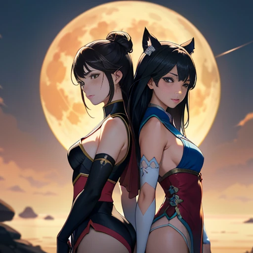 two women in costume stand side by side in front of the full moon, Wlop e Sakimichan, wlop e artgerm, artgerm extremamente detalhado, ruan jia e artgerm, artgerm e wlop, Artgerm e Rossdraws, artgerm e ruan jia, por Yang J