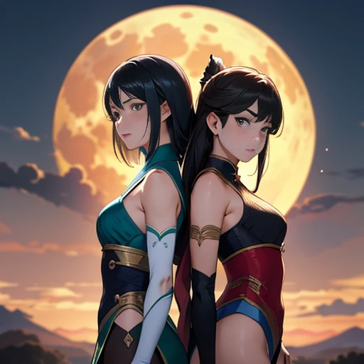 two women in costume stand side by side in front of the full moon, Wlop e Sakimichan, wlop e artgerm, artgerm extremamente detalhado, ruan jia e artgerm, artgerm e wlop, Artgerm e Rossdraws, artgerm e ruan jia, por Yang J