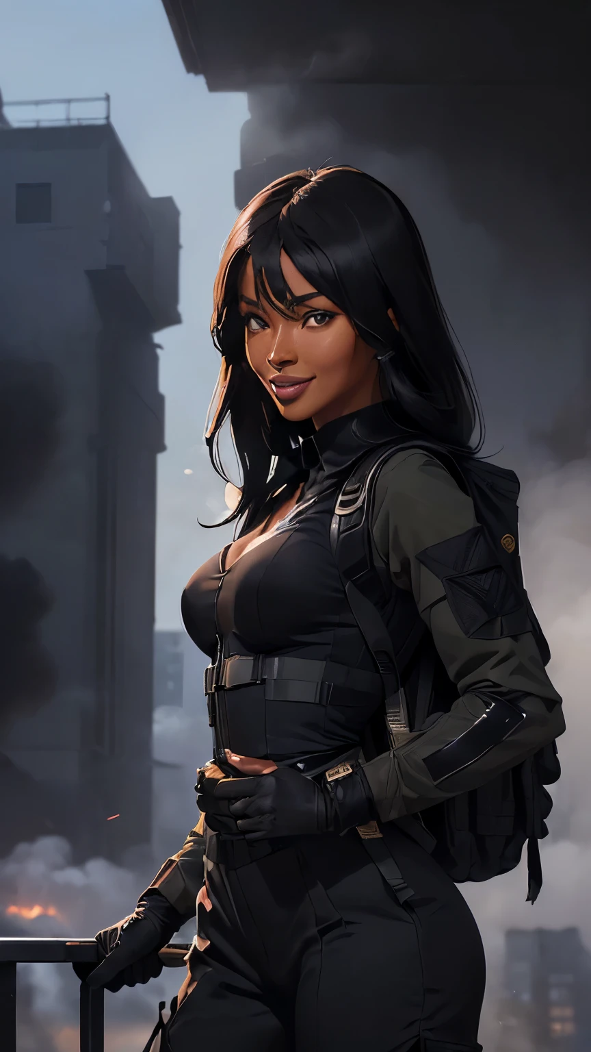 ((tmasterpiece、ultra fine photos、top-quality、超A high resolution、Photorealsitic、foco nítido、(chest circumference、Focus from the chest upwards、(Naomi Campbell, beautiful woman, skinny, medium breasts, black long hair, detailed face, smile, facing the camera, photo taken from a distance, age of 18 years old)、Special forces uniforms、Black tactical vest、Military trousers、Black combat gloves、rucksack、Black military long-sleeves shirt、Detailed facial and chest depictions、detailed hand depiction、Combat pose、Dynamic action、in the city、White smoke、watching at viewers
