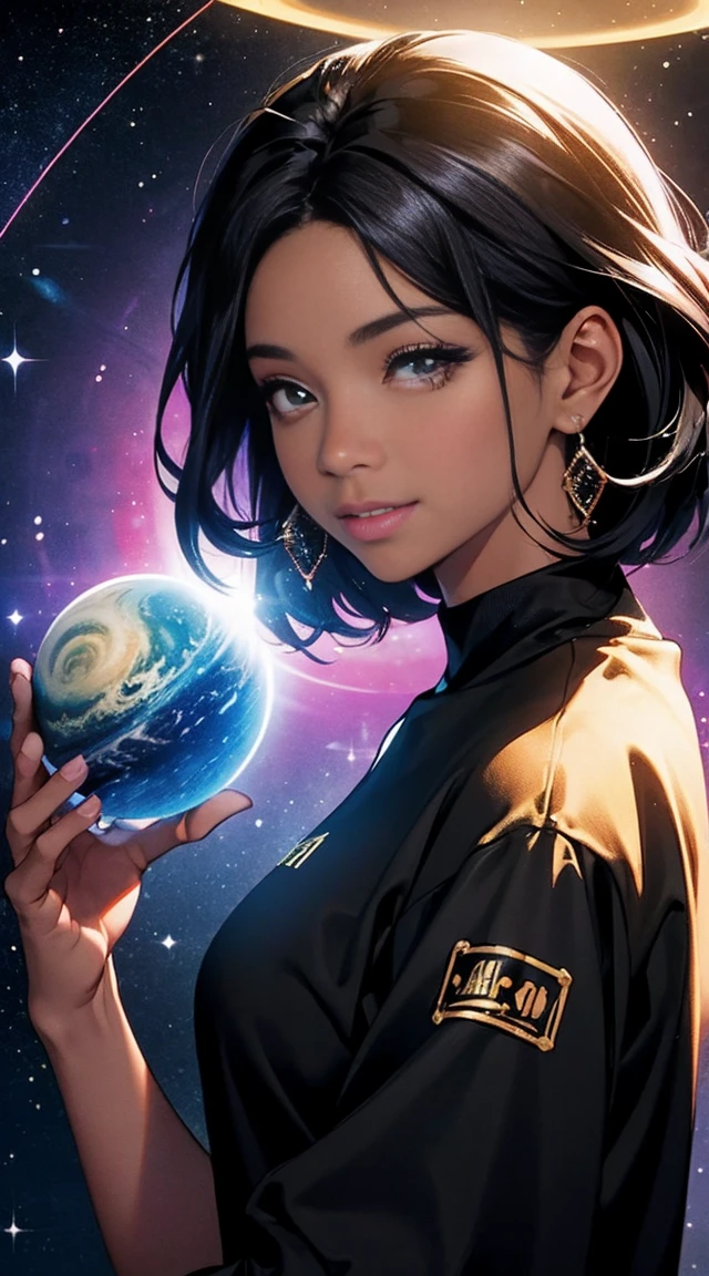 A totally black woman, 40 anos, blackhole skin like a space, sparkle in your skin, eyes are the most beautiful Galaxy in there, she is covered by universe materials clothes. She have a simple spectacular smile and a halo of Saturn in your head.