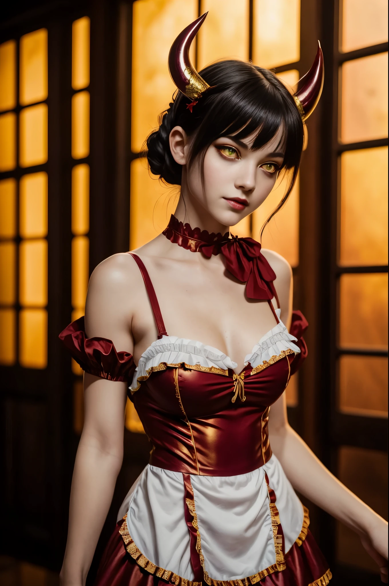 (Beautiful young female (perfect face) demon), (Alyssa Sutherland:0.3), small horns, tail, playful smile, pale skin, (skin texture:1.1), black hair, (classic French maid outfit:1.2), wreathed in fire, (crimson and gold eyes:1.4), fit athletic body, hellscape background, (masterpiece), (photorealistic:1.4), RAW photo, best quality, high res, rich colors, backlight, bright sunlight, cinematic lighting, film grain, raw photo, 50mm lens, Nikon D850, warm colors