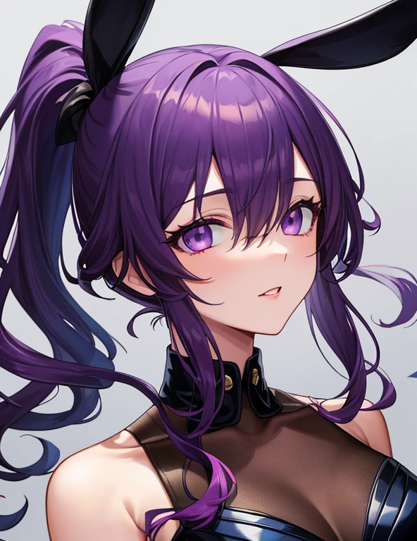 Model Shooting Style, (Masterpiece:1.3), (Absurdity:1.3), (Best Quality:1.3), (8K), (Masterpiece Digital Art), (Detailed Manga Illustration), (Handle Hair), Perfect Anatomy, (Complex Details :1.3), (Detailed Details:1.3), (Illustration:1.3), (Sharp Focus:1.3), (Vivid Color:1.3), 1 Girl, Solo, (Long Hair:1), ponytail, loose wavy hair part covers his face, hair between the eyes, (purple hair), purple eyes, floating hair, bunny cosplay black, pantyhose, sexy pose,
