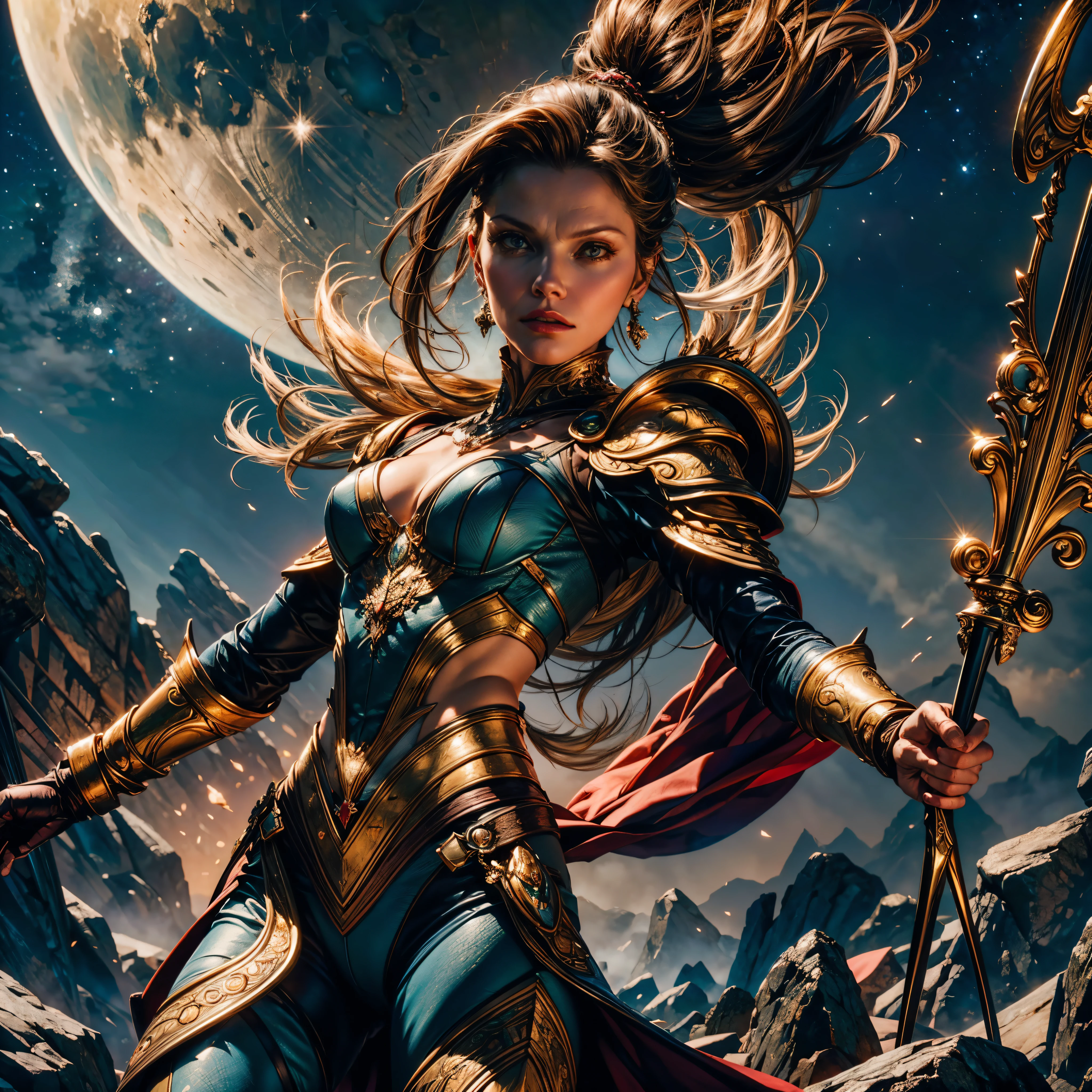 Epic Beautiful painting of Michelle-Pfeiffer as perfect gorgeous female warrior, shapeless long fullbody, perfect features, (wearing extremely baroque armor Chainmail_Armor), abstract beauty, near perfection, pure form, dynamic pose, ethereal background, (deep dark shadows), (strong cinematic lighting), (back lighting), "Michelle-Pfeiffer" concept art by Greg Rutkowski and John William Waterhouse and Alphonse Mucha, epic stunning details, intricate details, hyper post-production, ultra High resolution, ultra high details, trending on ArtStation, ultra sharp focus, depth of field f/1.8, studio photos, (((looking at camera))) magv1ll high details, best quality, absurdres [ultra detailed], masterpiece, ultra high best quality, (extremely detailed), dynamic angle, ultra wide shot, photorealistic, ((fantasy art)) ((larry elmore style)), dnd art, rpg art, realistic art, female human druid of the stars, guardian of nature, controlling magical energy made of stars, swirling blue stary magical light, divine symbols (1.5 intricate details, Masterpiece, best quality, absurdres), human female, extremally beautiful, ultra feminine, dynamic hair, dynamic hair color, wearing leather armor, holding a staff, moon light, stars, dynamic natural background, RPG art, magical atmosphere magic-fantasy-forest, ultra best realistic, best details, best quality, absurdres, [ultra detailed], masterpiece, ultra best quality, (extremely detailed), ultra wide shot, photorealism, depth of field, hyper realistic painting, 3D rendering, varies multi etc. --v 6 --s 1000 --c 20 --q 20 --chaos 100