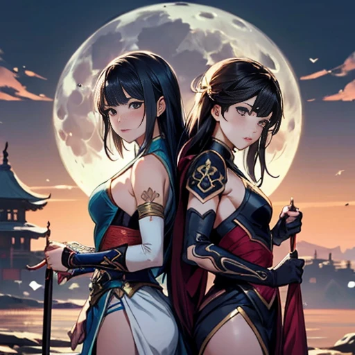 two women dressed in sensual, translucent clothes stand side by side in front of the full moon, Wlop e Sakimichan, wlop e artgerm, artgerm extremamente detalhado, ruan jia e artgerm, artgerm e wlop, Artgerm e Rossdraws, artgerm e ruan jia, por Yang J