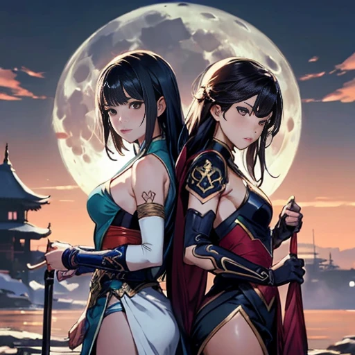 two women dressed in sensual, translucent clothes stand side by side in front of the full moon, Wlop e Sakimichan, wlop e artgerm, artgerm extremamente detalhado, ruan jia e artgerm, artgerm e wlop, Artgerm e Rossdraws, artgerm e ruan jia, por Yang J