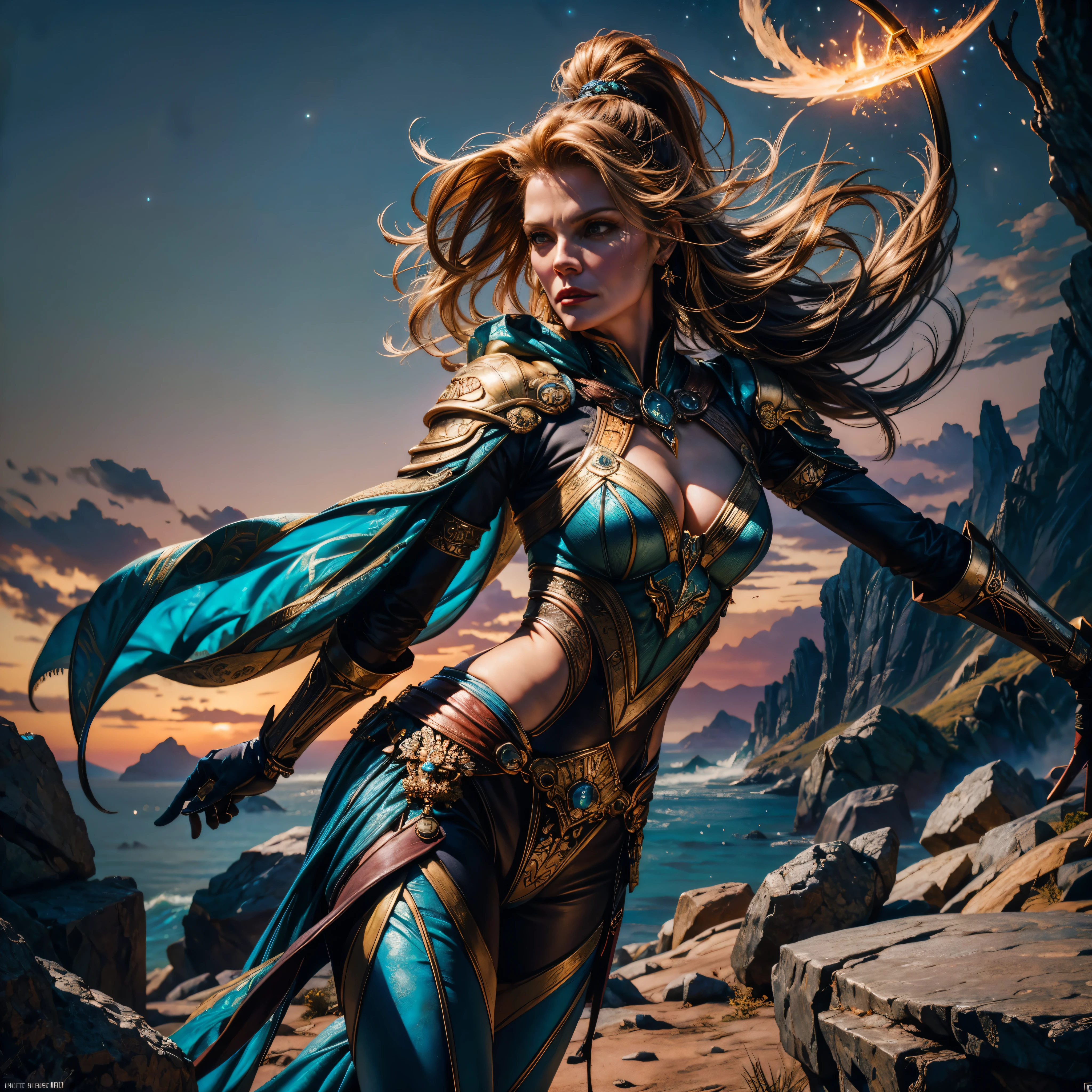 Epic Beautiful painting of Michelle-Pfeiffer as perfect gorgeous female warrior, shapeless long fullbody, perfect features, (wearing extremely baroque armor Chainmail_Armor), abstract beauty, near perfection, pure form, dynamic pose, ethereal background, (deep dark shadows), (strong cinematic lighting), (back lighting), "Michelle-Pfeiffer" concept art by Greg Rutkowski and John William Waterhouse and Alphonse Mucha, epic stunning details, intricate details, hyper post-production, ultra High resolution, ultra high details, trending on ArtStation, ultra sharp focus, depth of field f/1.8, studio photos, (((looking at camera))) magv1ll high details, best quality, absurdres [ultra detailed], masterpiece, ultra high best quality, (extremely detailed), dynamic angle, ultra wide shot, photorealistic, ((fantasy art)) ((larry elmore style)), dnd art, rpg art, realistic art, female human druid of the stars, guardian of nature, controlling magical energy made of stars, swirling blue stary magical light, divine symbols (1.5 intricate details, Masterpiece, best quality, absurdres), human female, extremally beautiful, ultra feminine, dynamic hair, dynamic hair color, wearing leather armor, holding a staff, moon light, stars, dynamic natural background, RPG art, magical atmosphere magic-fantasy-forest, ultra best realistic, best details, best quality, absurdres, [ultra detailed], masterpiece, ultra best quality, (extremely detailed), ultra wide shot, photorealism, depth of field, hyper realistic painting, 3D rendering, varies multi etc. --v 6 --s 1000 --c 20 --q 20 --chaos 100
