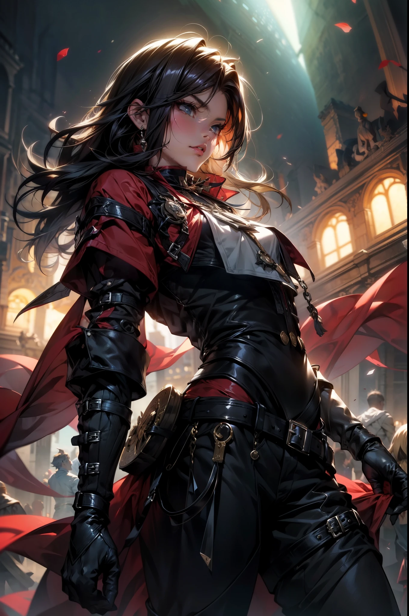 (absurdos, Altas Resoluciones, Ultra detallado, HDR), Obra maestra, (((HOMBRE))) ((MASCULINO))) La mejor calidad, final fantasy vii, vincent valentine, 1hombre solamente, guapo, pelo largo, cabello ?????, Ojos rojos vibrantes, ojos finos y cara detalladas, Armadura, ((Arma intrincada)), Sentado en el trono, piernas abiertas, sonrisa afectada, molesto. Final Fantasy, abs, badass pose, Chico de anime en una cama con las manos en la cabeza, Hermosa pose de anime, Anime hombre guapo, Personaje masculino de anime, Badass Anime 8K, Arte detallado del personaje de anime, Concepto de anime HDR Anime MacManus, Chico anime, Ikuto Yamashita, Anime CG arte suave, Fondo de pantalla de manga 4 k, inspirado por Yamagata Hiro, Wallaper de anime