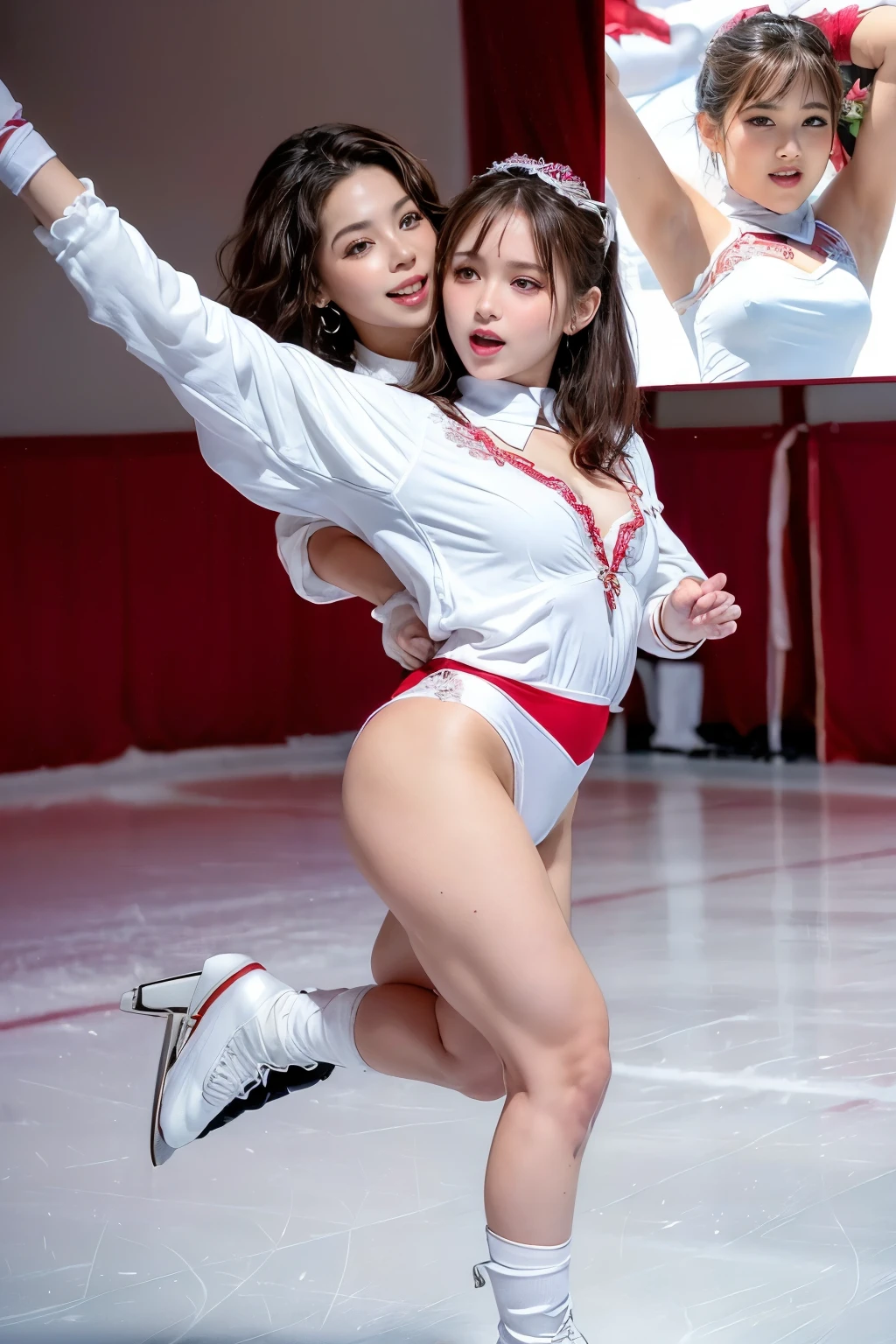 2 female、duo,(Super beautiful)、(beautiful faces:1.6)、(detailed faces:1.5)、(detailed eyes:1.1)、(detailed lips:1.1)、(detailed noses:1.1)、(brown hair)、(Doing figure skating)、(anatomically correct movements:1.3)、(Red costume)、(White panties under the skirt:1.2)、(Clothes:1.5)、(skating rink with spectators)、(At SFW:1.5)