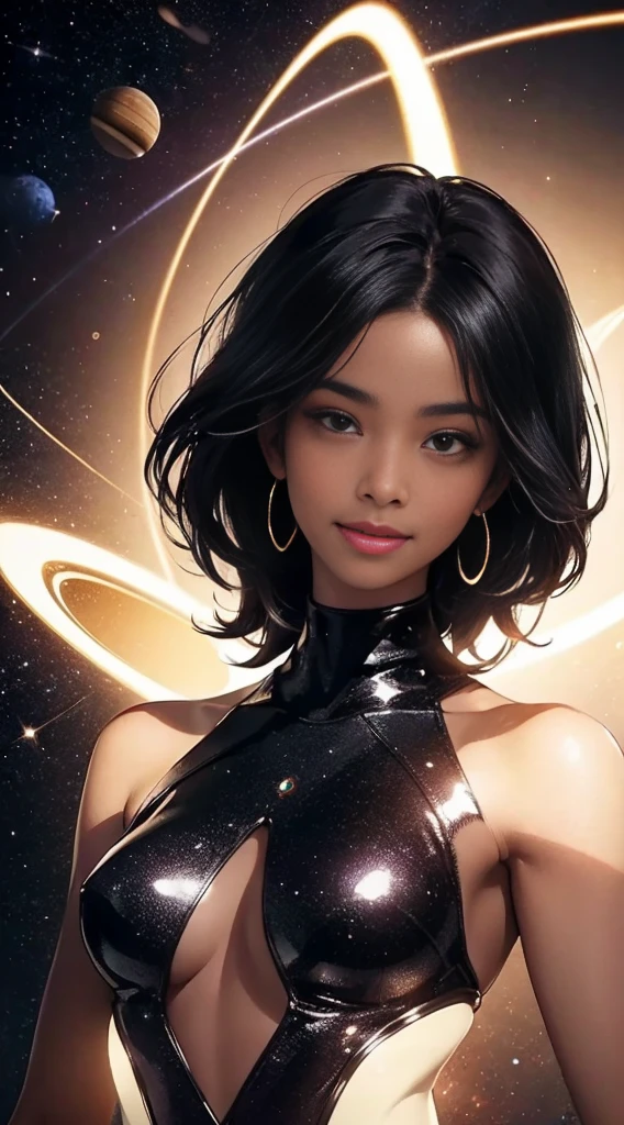 A black woman, 50 years, skin very dark, sparkle in your face, eyes have a entire Galaxy inside, she is covered by universe materials clothes. She have a simple spectacular smile and a halo of Saturn in your head.