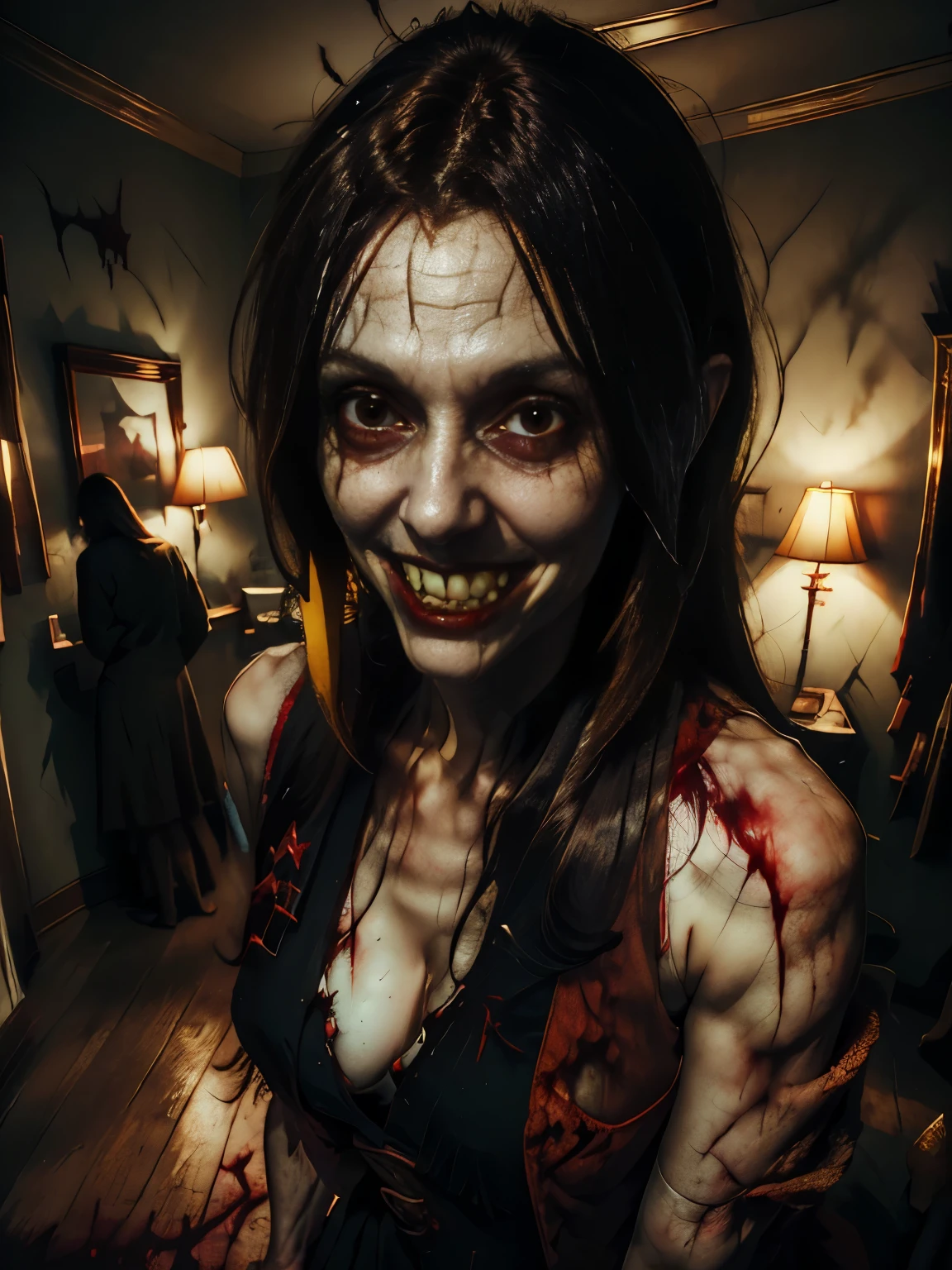 A haunting portrait of a young woman, nurse, with a face that reflects the horrors of the undead, zombie, empty eyes, bloodstains, ((vampire teeth)), dead eyes, evil eyes, showing of her sharp teeth, Focus on realism and intricate details to capture the unsettling nature of her appearance. Depict her lifeless eyes, decaying skin, and disheveled nurse uniform in vivid and precise detail, using shading and textures to bring the image to life. Long dark hair flowing 