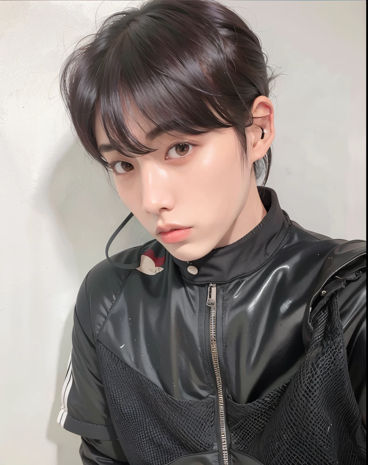 arafed asian man with a black jacket and headphones on, Jinyoung Shin, jungkook, pintar ulzzang, cai xukun, kim doyoung, Jung Jaehyun, Con pelo corto, hyung tae, ulzzang, hong junio hyung, kanliu666, handsome japanese demon boy, inspirado en Bian Shoumin, sakimichan