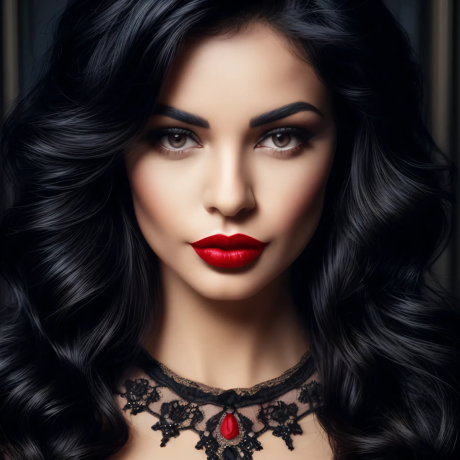 a close up of a woman with a red lipstick and a necklace, dark hair and makeup, wonderful dark hair, beautiful black hair, woman with black hair, gorgeous woman, black elegant hair, gorgeous beautiful woman, female with long black hair, dark - hair, dark-hair, photo of a beautiful woman, dark red lips, girl with black hair, thick red lips