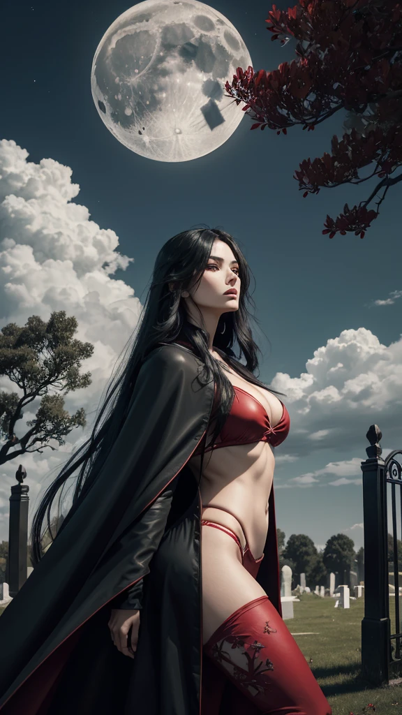 (realistic, noart: 1.1) beautiful girl with long black hair blowing in the wind, red bikini, red cape, mounted on a cemetery gate, with ornaments, large cemetery in the background adorned with a sculpture of death, under the night sky, with the moon covered by clouds in the background with a large old tree with long branches Dante style aglieri divine comedy