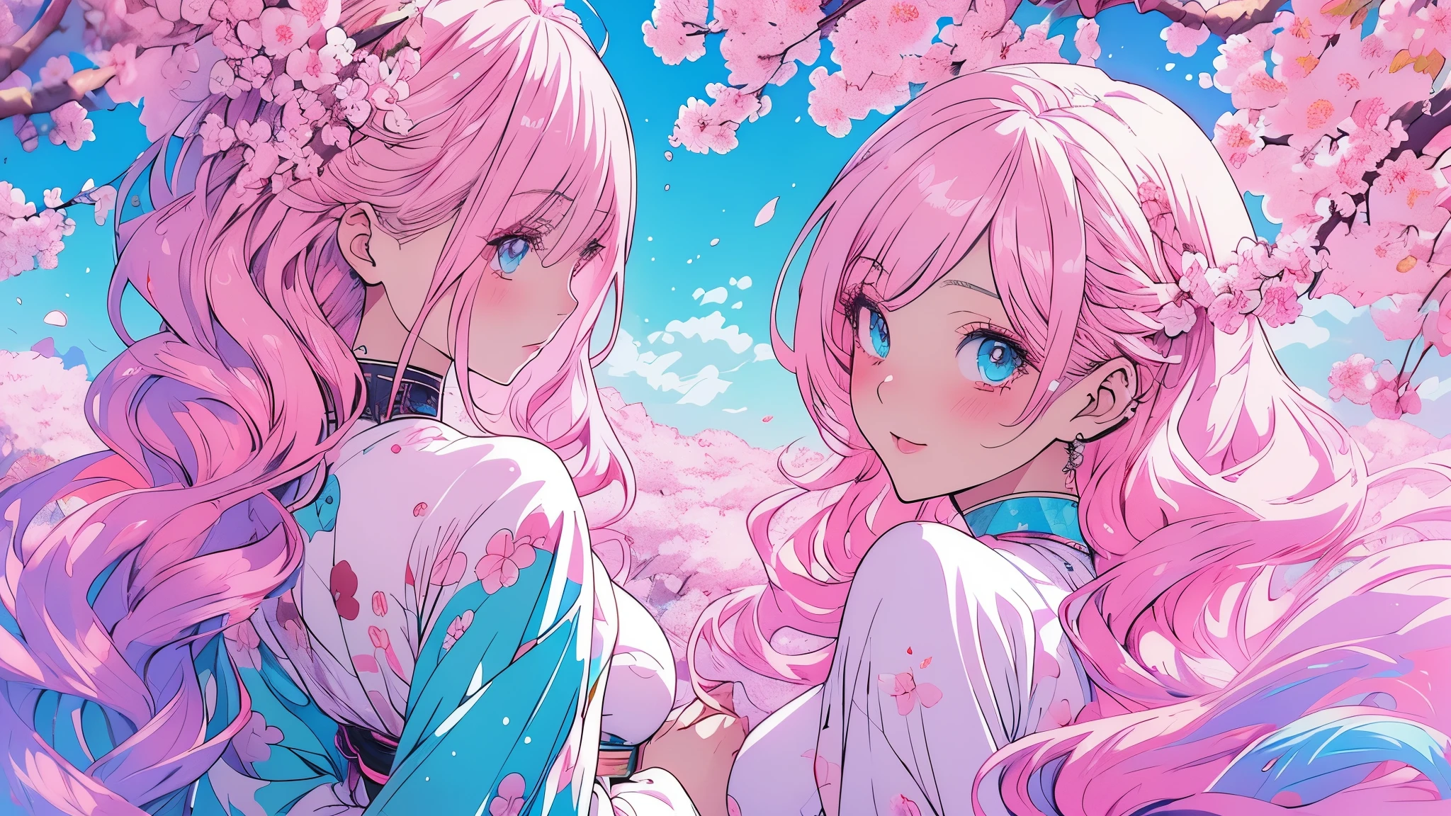 Two anime girls with pink hair and blue eyes are standing in front of a ...