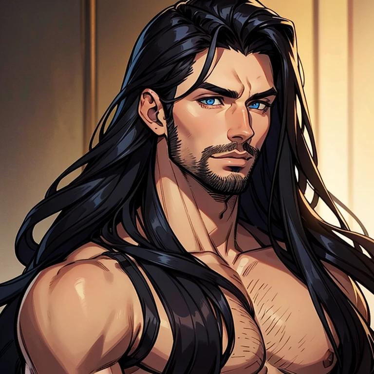 Hombre joven, pelo negro, dark brown eyes, pelo largo, cuerpo musculoso, hombre alto musculoso, guapo, atractivo, orejas de lobo, pelaje negro, atractivo