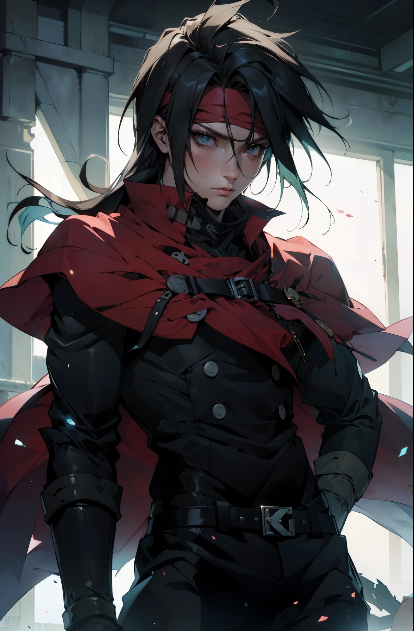 (absurdos, Altas Resoluciones, Ultra detallado, HDR), Obra maestra, La mejor calidad, final fantasy vii, vincent valentine, 1hombre solamente, guapo, pelo largo, cabello negro, Ojos rojos vibrantes, ojos finos y cara detalladas, Armadura, ((Arma intrincada)), Sentado en el trono, piernas abiertas, sonrisa afectada, molesto. Final Fantasy, abs, badass pose, Chico de anime en una cama con las manos en la cabeza, Hermosa pose de anime, Anime hombre guapo, Personaje masculino de anime, Badass Anime 8K, Arte detallado del personaje de anime, Concepto de anime HDR Anime MacManus, Chico anime, Ikuto Yamashita, Anime CG arte suave, Fondo de pantalla de manga 4 k, inspirado por Yamagata Hiro, Wallaper de anime