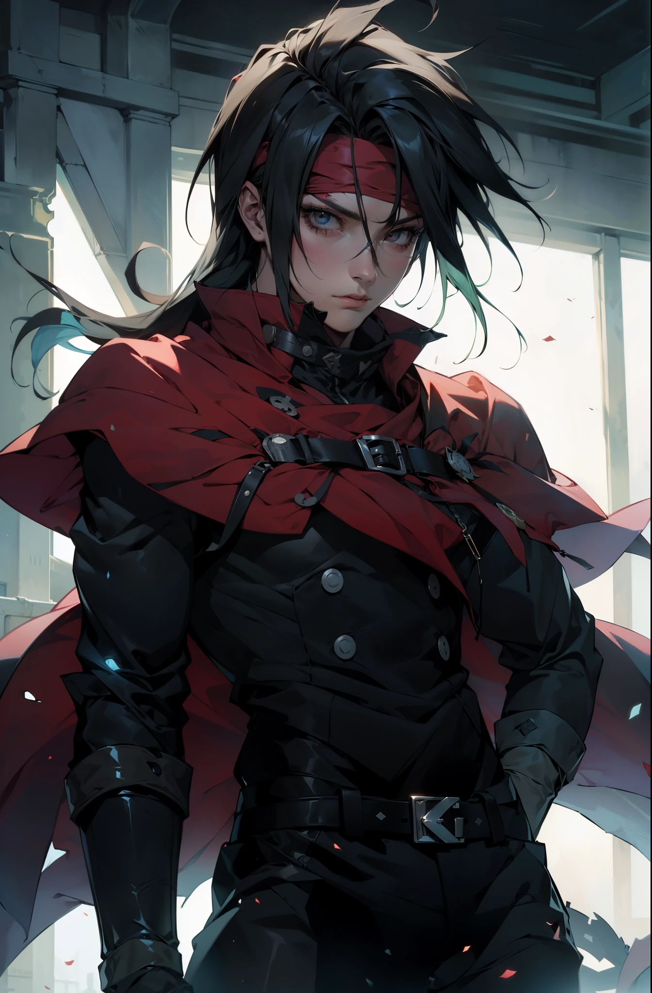 (absurdos, Altas Resoluciones, Ultra detallado, HDR), Obra maestra, La mejor calidad, final fantasy vii, vincent valentine, 1hombre solamente, guapo, pelo largo, cabello negro, Ojos rojos vibrantes, ojos finos y cara detalladas, Armadura, ((Arma intrincada)), Sentado en el trono, piernas abiertas, sonrisa afectada, molesto. Final Fantasy, abs, badass pose, Chico de anime en una cama con las manos en la cabeza, Hermosa pose de anime, Anime hombre guapo, Personaje masculino de anime, Badass Anime 8K, Arte detallado del personaje de anime, Concepto de anime HDR Anime MacManus, Chico anime, Ikuto Yamashita, Anime CG arte suave, Fondo de pantalla de manga 4 k, inspirado por Yamagata Hiro, Wallaper de anime