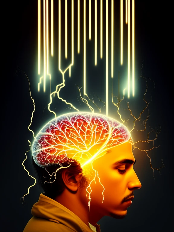 a close-up of a brain with a lightning bolt in the middle, por Milton Menasco, mental, Direction: Santiago Martinez Delgado, mental illness, raio mental, por Felipe Device, por Bernard Meninsky, DMT, Mente, subdimensionais, Sid, by László Beszédes, underlying feeling of dread, by Luís Miranda