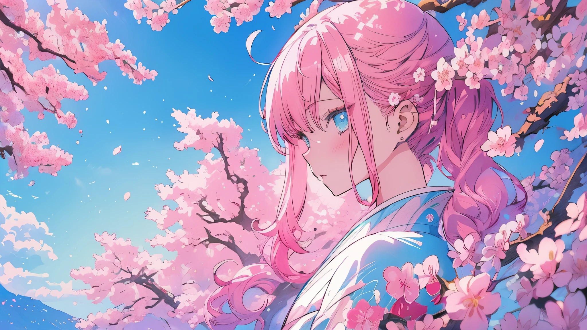 Detailed anime style, Beautiful and stunning artwork, Bright shadows, strong colors, Pastel cotton candy, a beautiful woman, pink hair, blue eyes, Beautiful scenery, Cherry blossom leaves, Linear and detailed illustration
