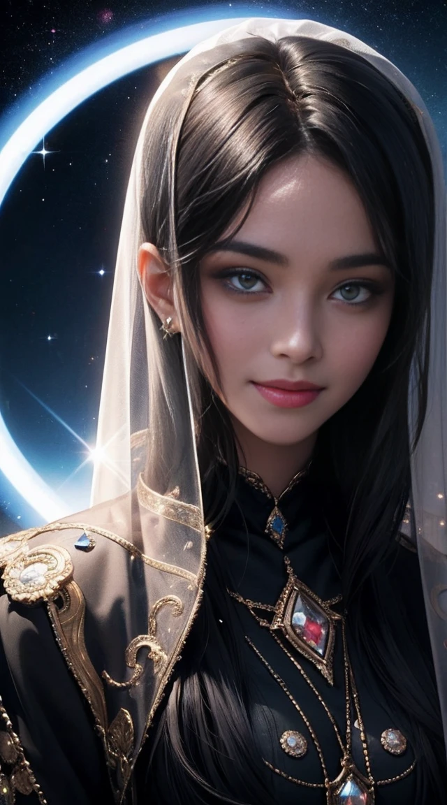 A supernatural woman made from the mantle of the universe, she skin is black as oil, has star-shining eyes, a halo of light on her head, and wears clothes that look like the veil of the universe. She has the smile most beautiful. Best quality of Masterpiece in 16k